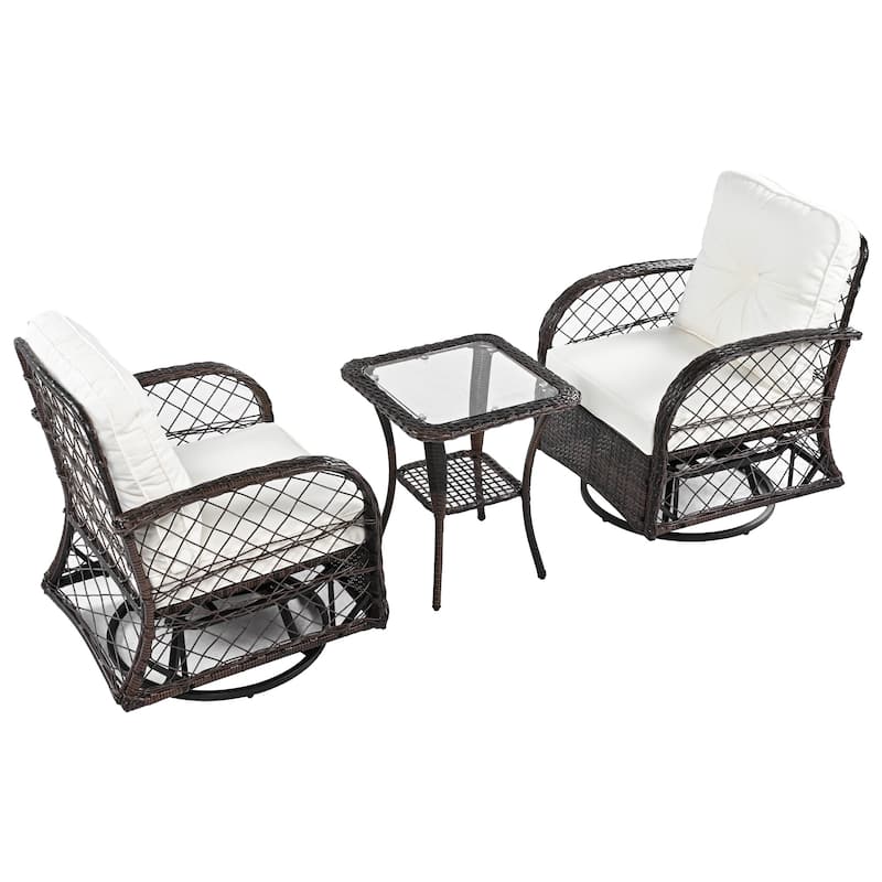 3-Piece Outdoor Chair Table Set Chat with Square Table & 2 Swiveling Chairs Set 2-person Rattan Seating Group for Garden Brown