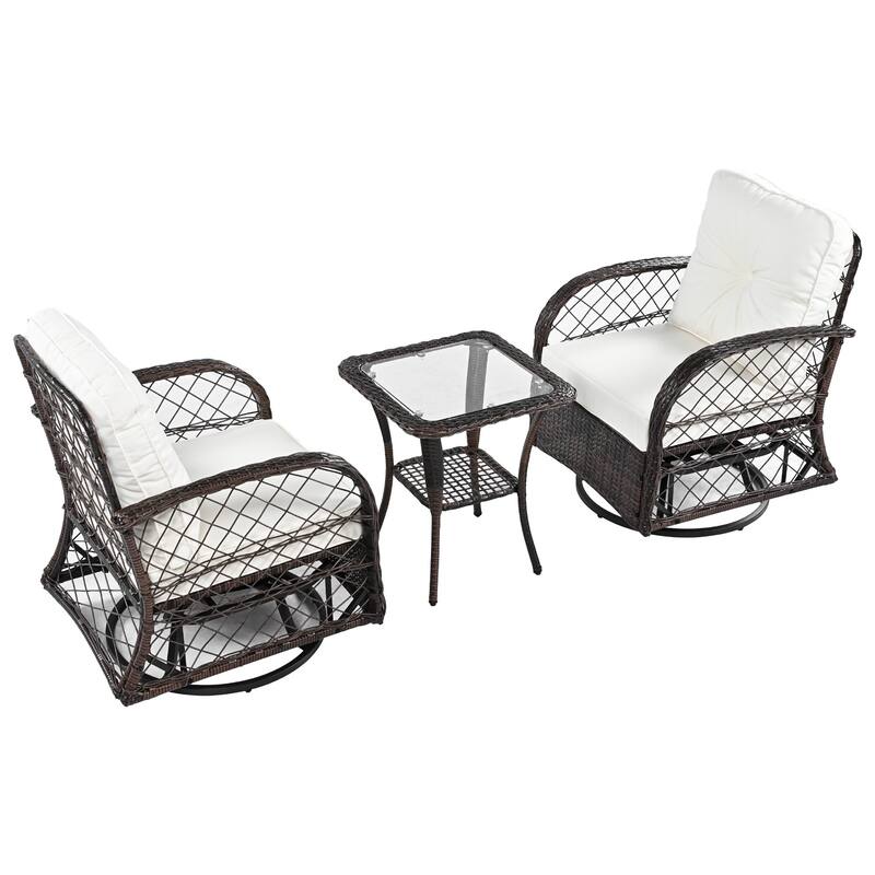 Roomfitters 3-Piece Outdoor Rattan Chat Set with 2 Swivel Rocking Chairs & Square Table for Patio