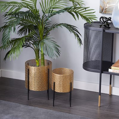 Gold or Black Iron Metal Contemporary Floral Pattern Planter (Set 2)