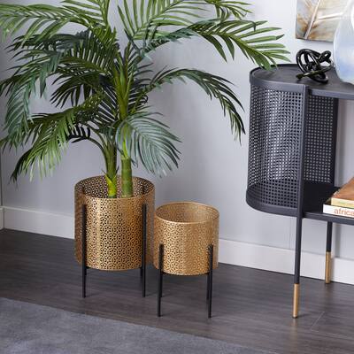 Gold or Black Iron Metal Contemporary Floral Pattern Planter (Set 2)