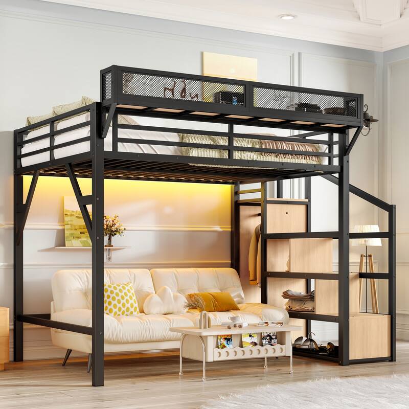 Full-Size Loft Bed with Storage Stairs – Built-In Wardrobe, Shelves & LED Lighting, Includes USB Ports & Noise-Reduced Design