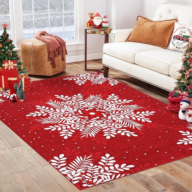 Christmas Snowflake Washable Area Rug, for Holiday Decor, Red - 8*10ft