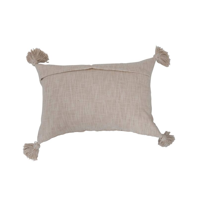 Woven Cotton Slub Lumbar Pillow with Applique, Fringe and Tassels