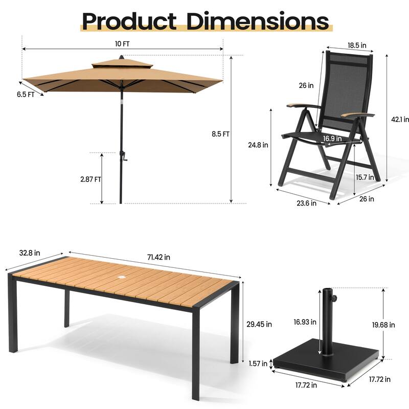 9-Piece Outdoor Patio Dining Set Wood Like Aluminum Umbrella Hole Table with Folding Chairs, Market Umbrella and Base