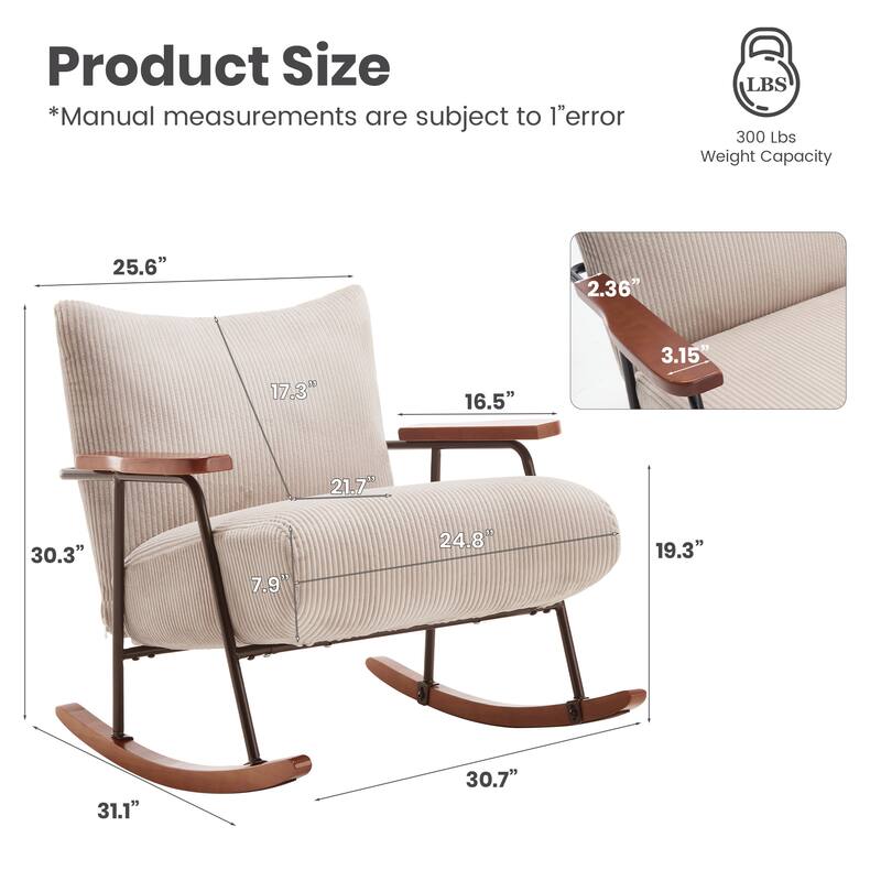 Glider Rocking Chair with Wooden Legs, Armchair with Thick Cushioned Seat, Reading Chair with Metal Frame