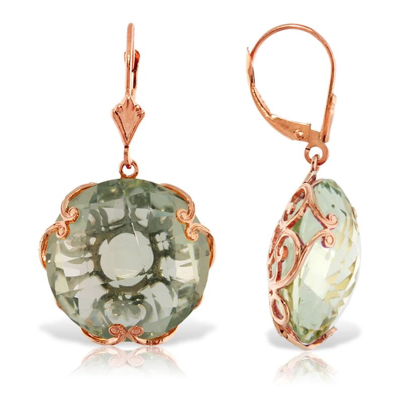 14K Solid Gold Leverback Gemstone Earrings Round Green Amethyst - Rose