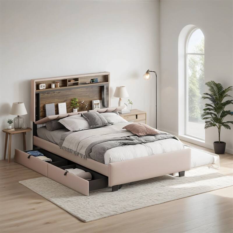 Full size Upholstered Platform Bed with Twin Size Trundle & 2 Drawers