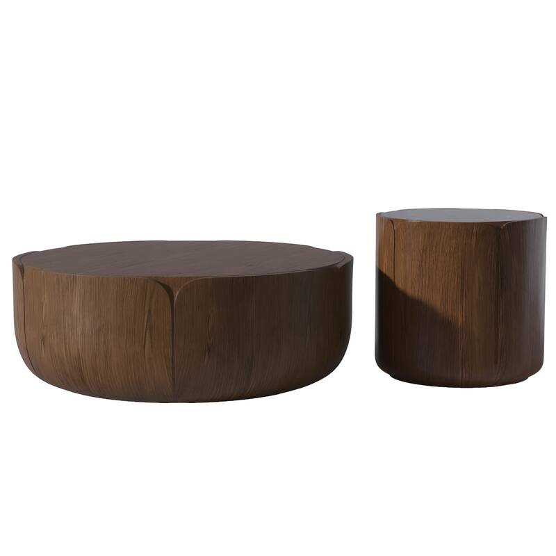 Round Outdoor/Indoor Coffee Table Set, Modern Wood Grain Drum Center Tables