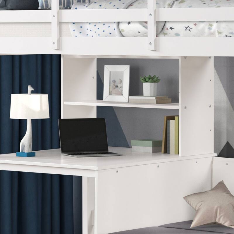 Furniture of America Aurelian Modern Twin 4-in-1 White Solid Pinewood Loft Bed with Bookcase, Desk and Convertible Bench