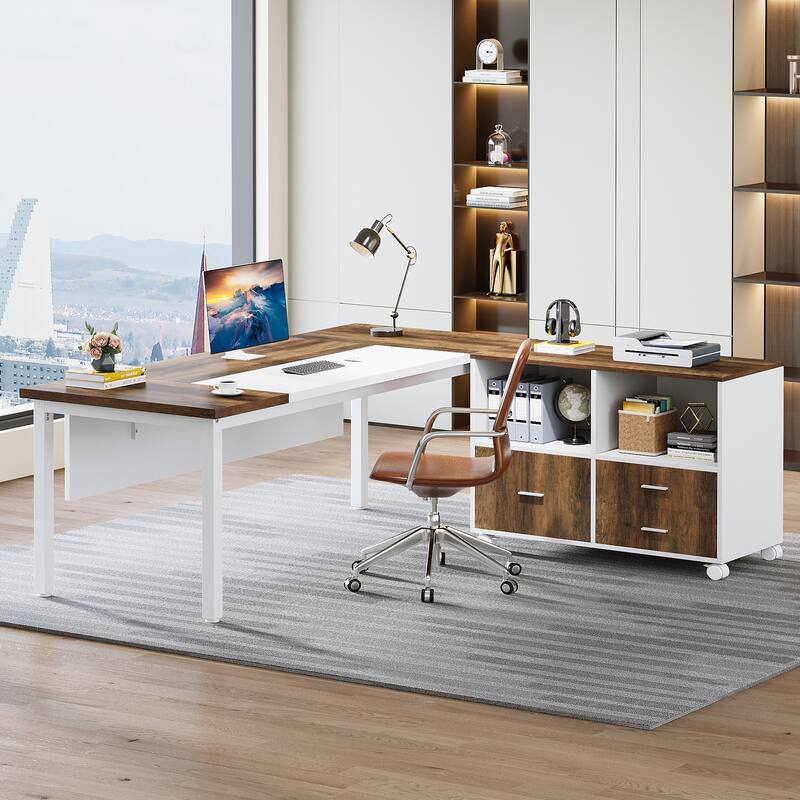 63 inch Executive Offic Desk and 39-Inch Drawers lateral File Cabinet, L-shaped Computer Desk, Home Office Set