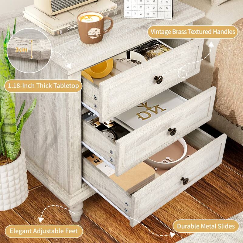 Wood 3-Drawer Nightstand with Rustic Finish and Storage
