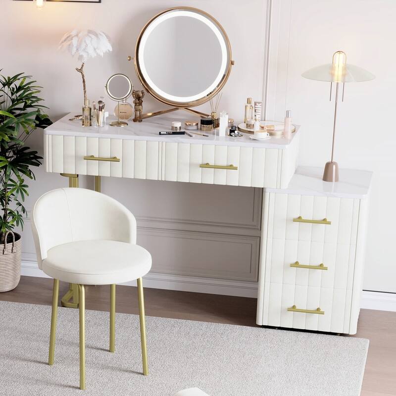 Velvet Upholstered Vanity Desk with Chair, Marble-Look Sticker Top Makeup Vanity