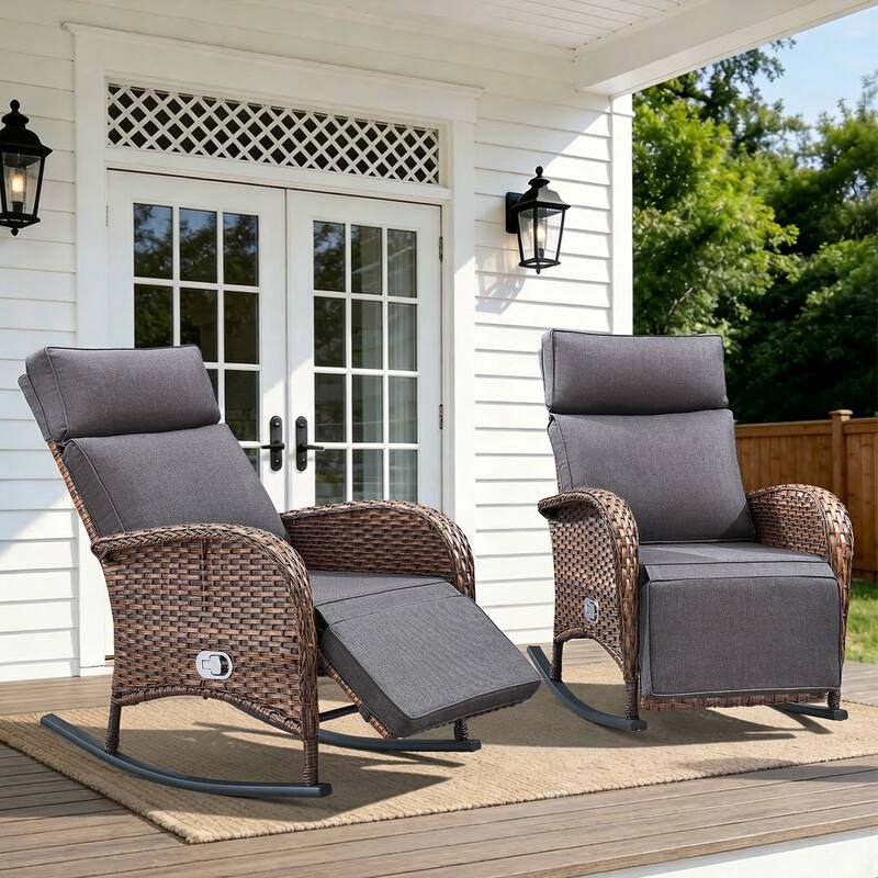 Pocassy Outdoor Patio Rocking Lounge Chairs with Adjustable Backrest Set. - Brown Wicker with Gray Cushion - 2 Piece Rocker Recliner Chair