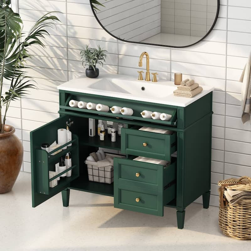 Modern Storage Cabinet Bathroom Vanity with Resin Sink, Tip-out Drawer, 2 Drawers, Side Door Organizer and Adjustable Shelf