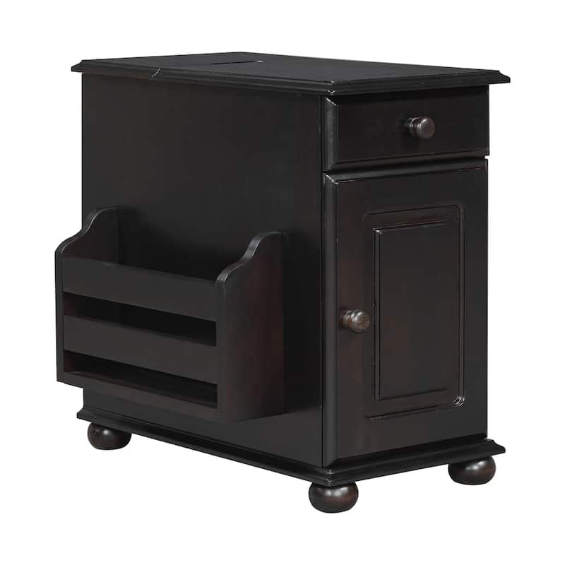 End Table Flip Top Side Table with USB Ports, One Multifunctional Drawer with cup holders, Sofa Couch Table with Bookshelf