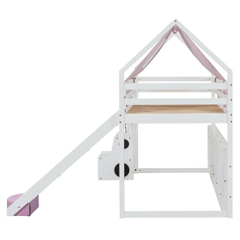 Twin/Full Size House Loft Bed with Slide and Tent, Wooden House Bed with Roof Frame, Storage Shelves & Car Shaped Storage Unit