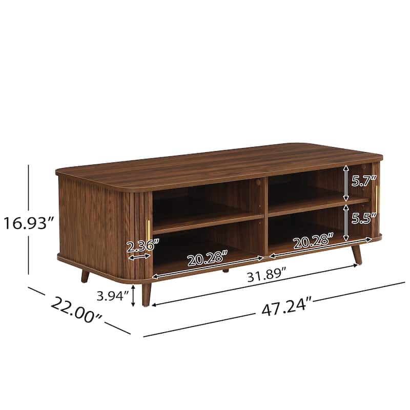 Aron Mid-Century Modern Coffee Table with Semi-Open Tambour Doors and 4 Hidden Storage Compartments, 47.24"