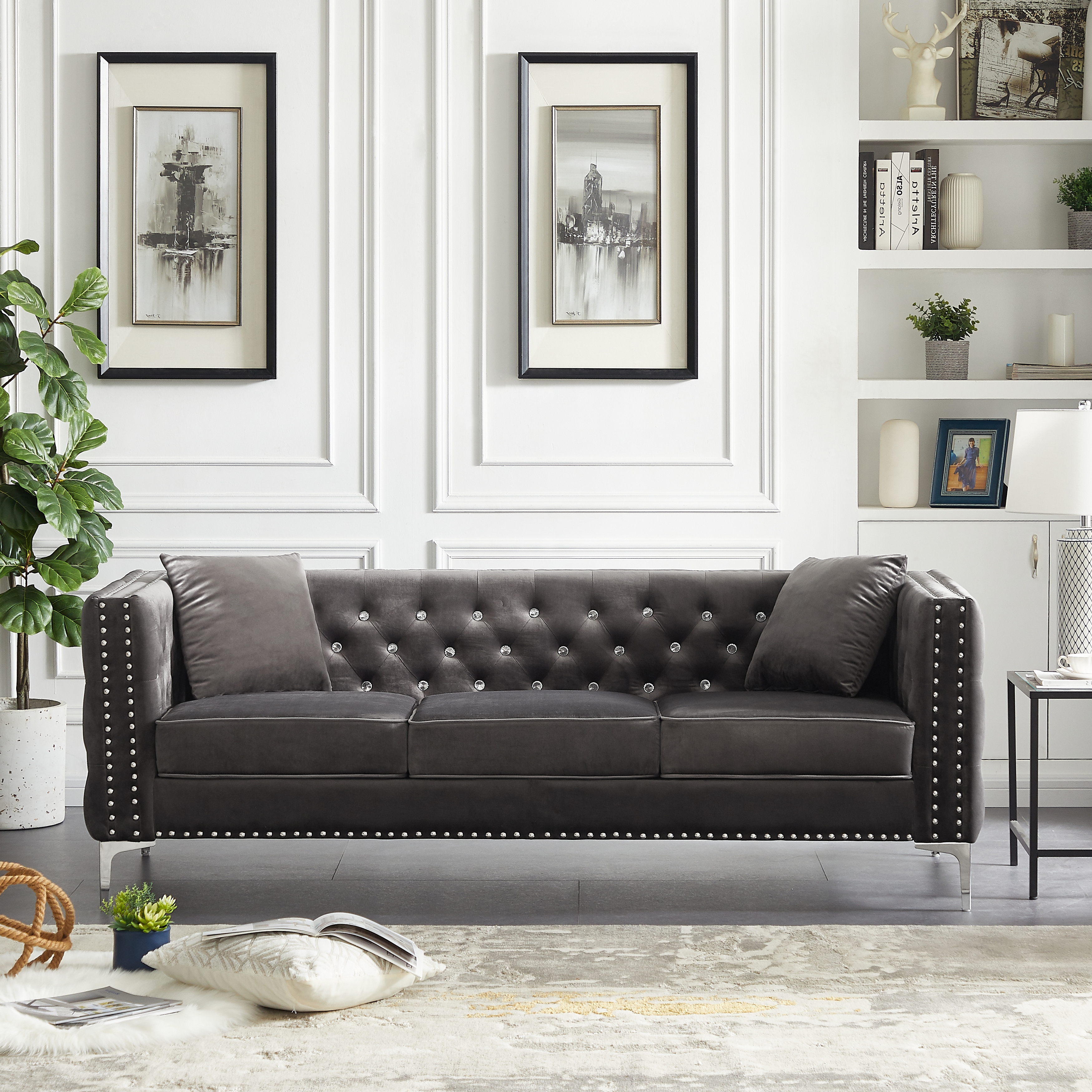 82.3 Modern Velvet 3 Seat Sofa Jeweled Buttons Tufted Square Arm Couch with 2 Pillows for Living Room Bedroom