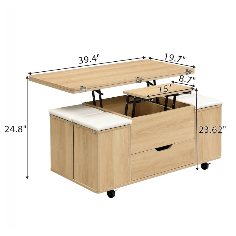 Roomfitters Multi-Functional Lift-Top Coffee Table with Hidden Storage, Modern Center Table with 4 Stool & Caster, Natural/White