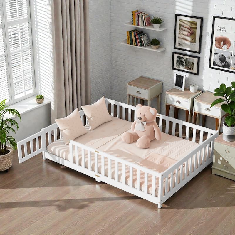 Floor Bed with Fence, Solid Rubber Wood Montessori Floor Bed with Safety Guardrails