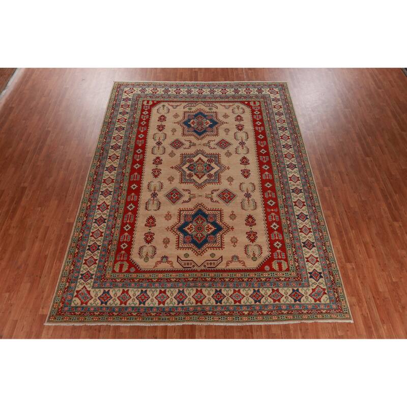Hand Knotted Oriental 100% Wool Carpet Traditional Geometric Beige & Ivories Kazak Area Rug - 12' 3'' X 9' 0''