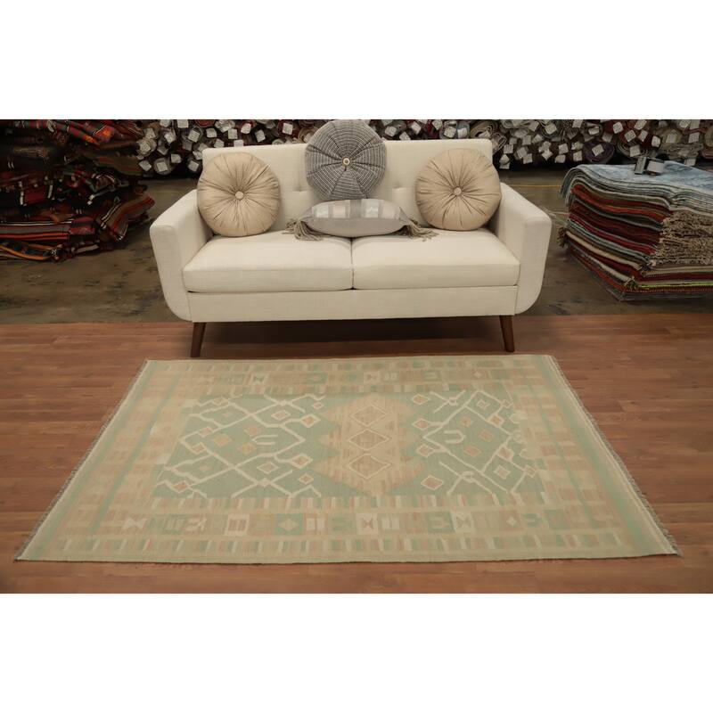 Hand Woven Oriental 100% Wool Carpet Southwestern Tribal Green Kilim Area Rug - 5' 10'' X 3' 10''