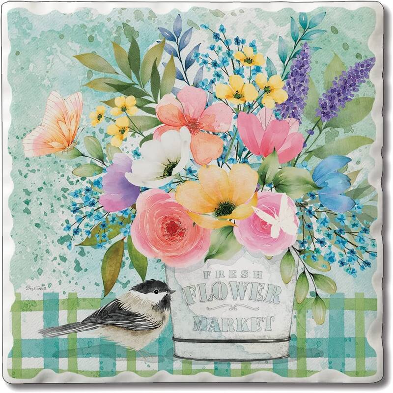 CounterArt Fresh Flower Market Absorbent Stone Tumbled Tile Coaster Set of 4 Made in The USA Protective Cork Backing - Multi