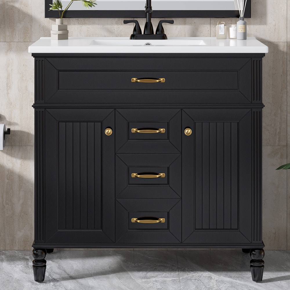 GDFStudio - Sunny Modern 36-Inch Bathroom Vanity with Ceramic Sink and Flip-Out Drawer