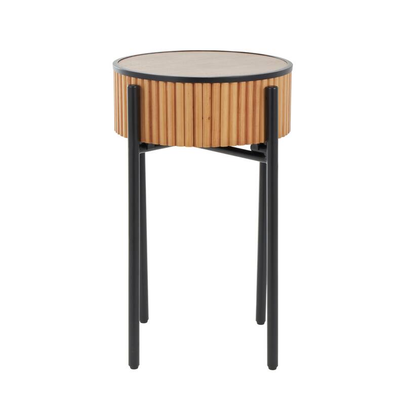 Brown Wood Handmade Slatted Drum Side End Accent Table with Black Metal Legs