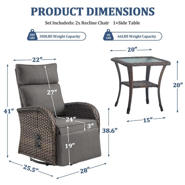 dimension image slide 6 of 15, Pocassy Reclining Patio Chair with Adjustable Backrest