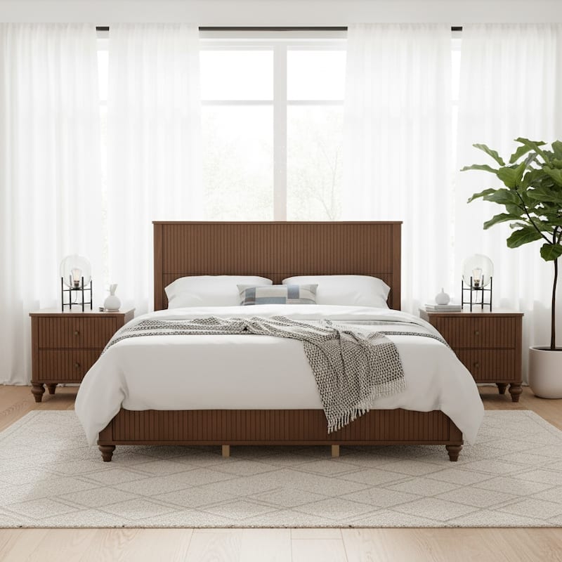 Christopher Knight Home - Silverton Modern 3-Piece Bedroom Set with Classic Grooved Panels Bed Frame & Matching Nightstands - Walnut - 3 Piece - King