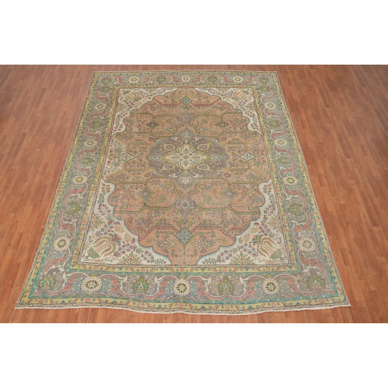 Hand Knotted Oriental 100% Wool Carpet Traditional Floral Peach Tabriz Area Rug - 12' 8'' X 9' 7''