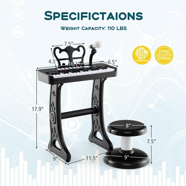 Kids Piano Keyboard 37-Key Kids Toy Keyboard Piano with Microphone - 16.1" x 9" x 17.9" (L x W x H)