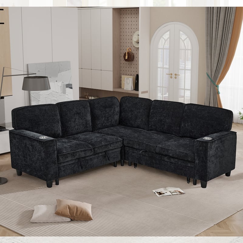 GDFStudio - Modern 5-Seat Sectional L-Shaped Sofa with Pull-Out Sleeper Bed, Storage, Cup Holder & USB Charging - 81"W - Charcoal Grey_Chenille