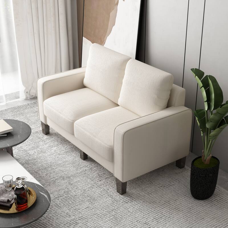 Beige Polyester Loveseat Sofa Couch with Square Arm and 6 Wood Legs