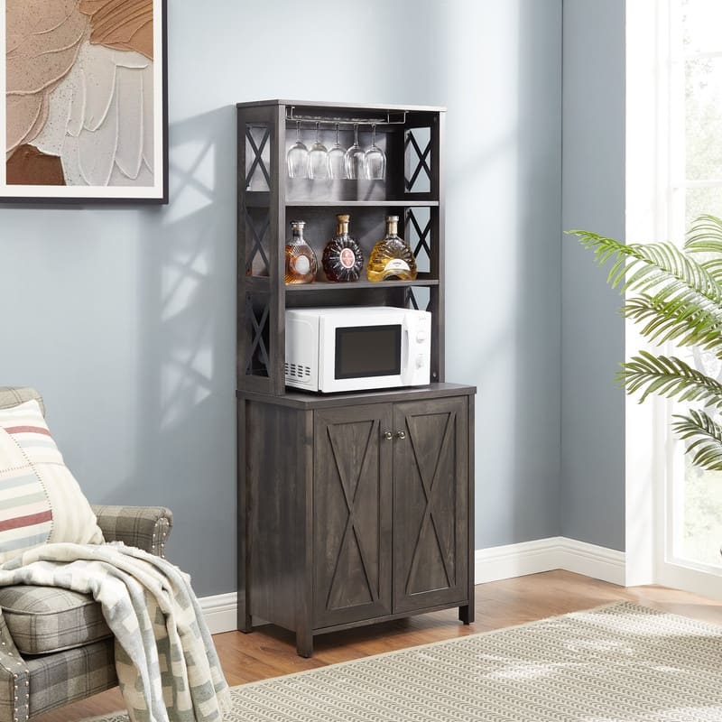 Farmhouse Style Wood Tall Bar Cabinet with Wine Fridge,Kitchen Cabinet Storage Pantry
