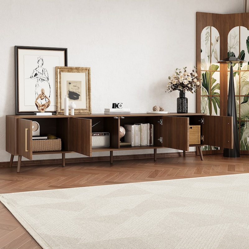 Roomfitters 78 Inch Modern TV Stand for TVs up to 85 Inch, Media Console with Fluted Doors & Soft-Closing Hinges, Walnut