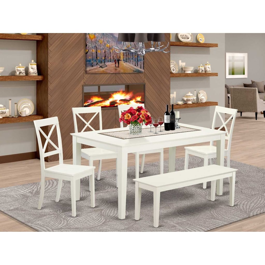 HomeStock 6-Piece Rectangle Linen White Finish Solid Wood Top Dining Table with 1 Bench, 4 Chairs with Lattice Back