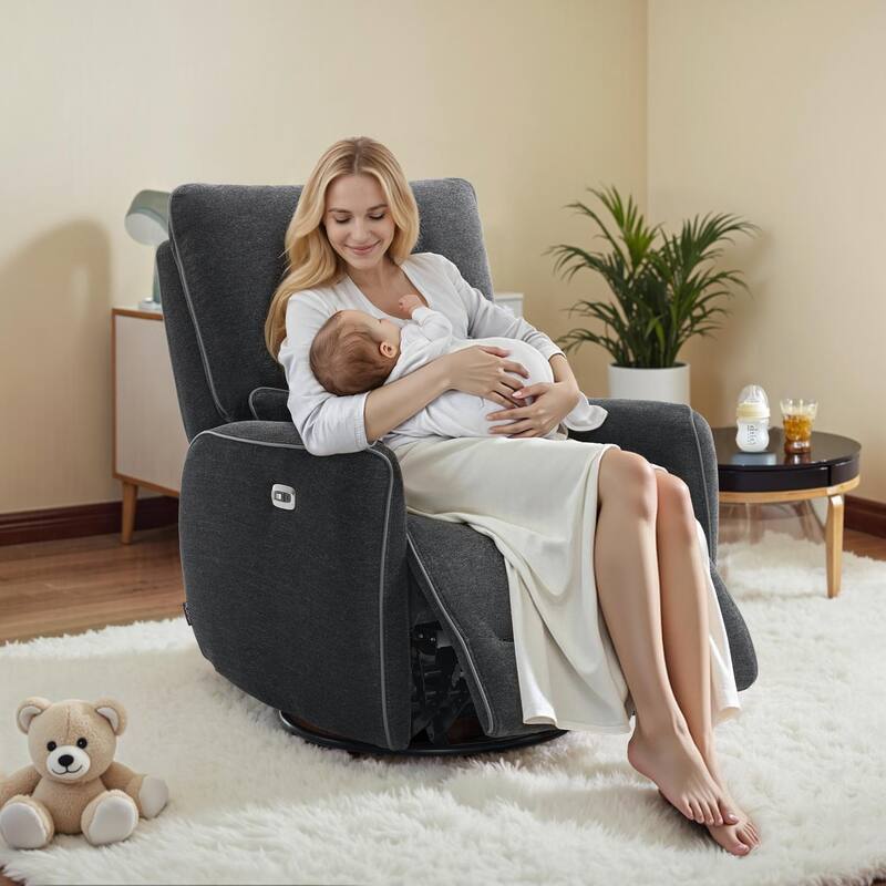 MCombo Power Swivel Rocker Recliner with Lumbar Support, Electric Nursery Glider Recliner Chair - Fabric-Grey