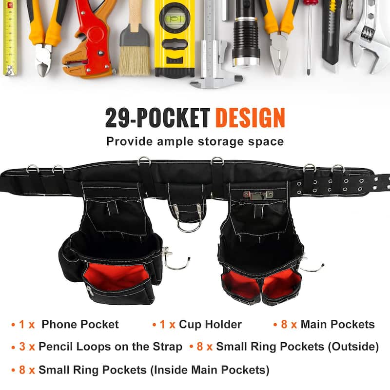 Black Polyester Adjustable Waist Strap Tool Belt with 29 Pockets Ideal for Men - 12.99 x 11.02 inches