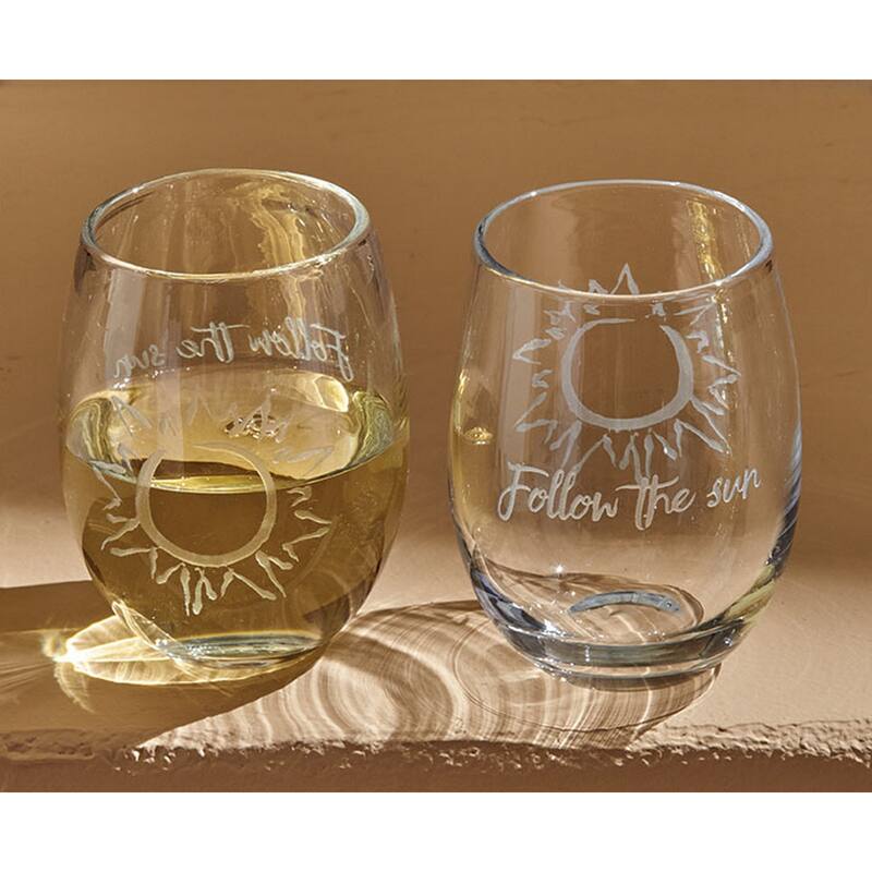 16 oz. Follow The Sun Sentiment Etched Clear Glass Stemless Wine Drinkware Hand Wash Beverage Glassware