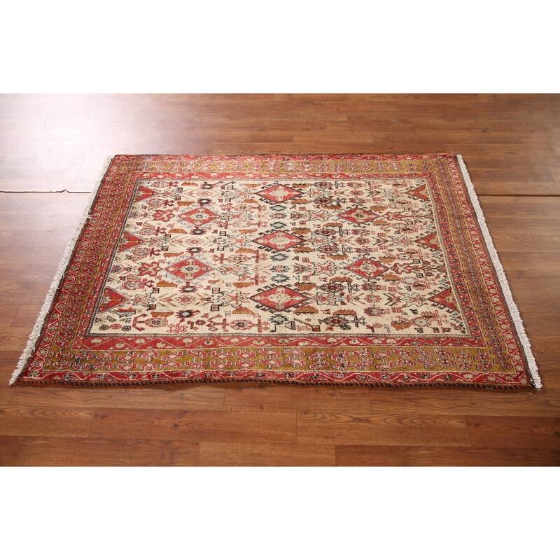 Vegetable Dye Shiraz Kashkoli Persian Antique Rug Handmade Wool Carpet - 3'4"x 4'10"