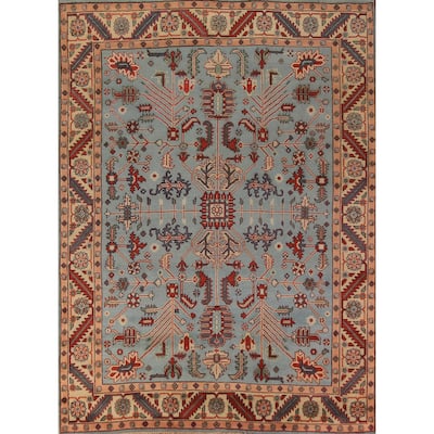 Light Blue Geometric Kazak Indian Area Rug Hand-Knotted Wool Carpet - 8'0"x 10'1"