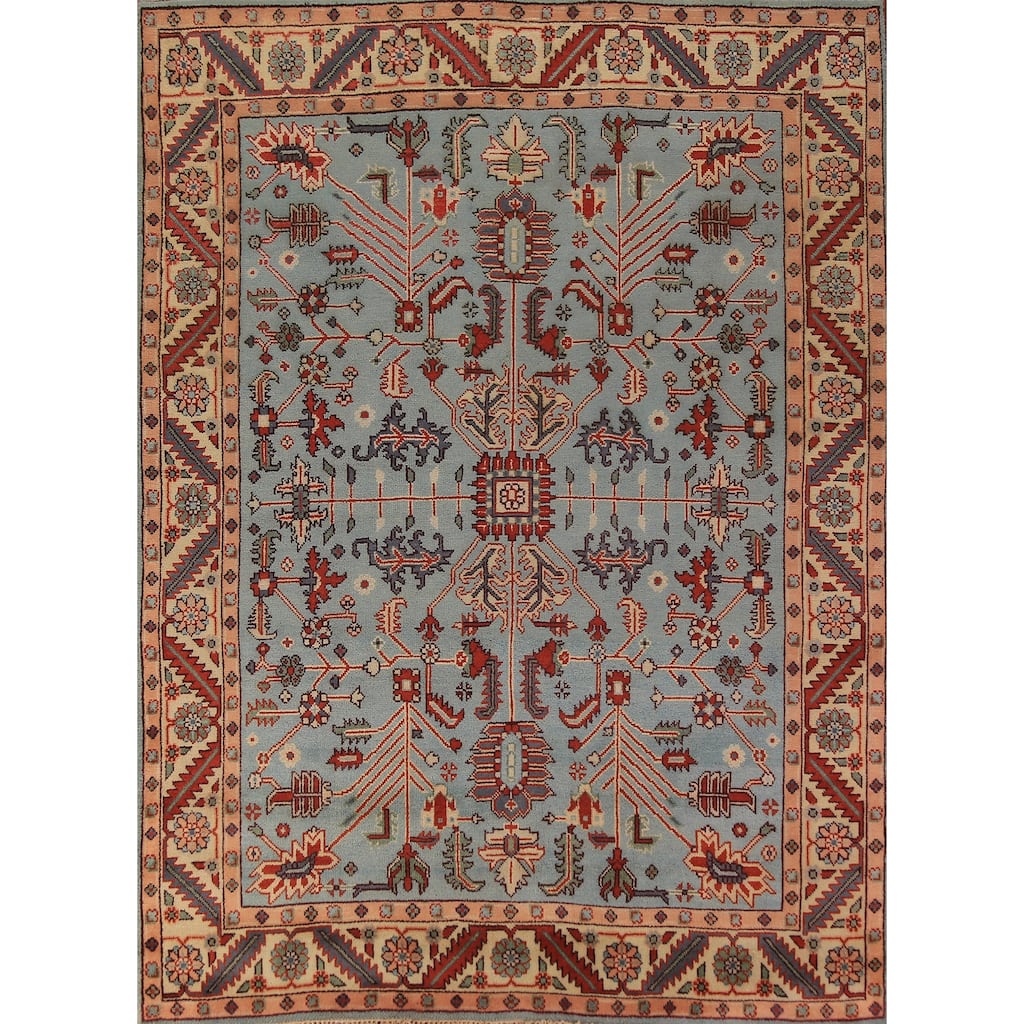Light Blue Geometric Kazak Indian Area Rug Hand-Knotted Wool Carpet - 8'0"x 10'1"