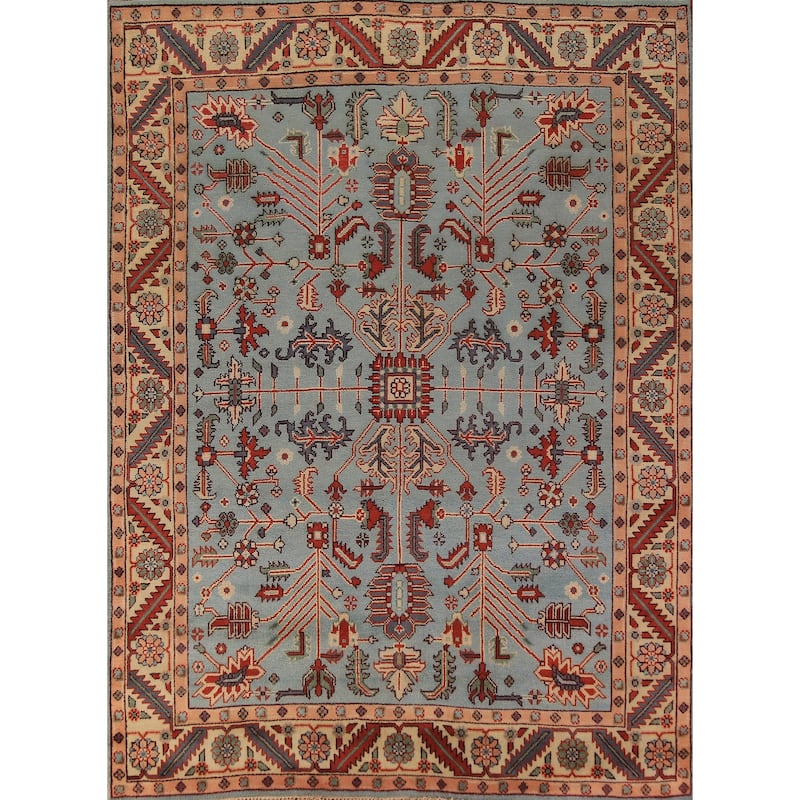 Light Blue Geometric Kazak Indian Area Rug Hand-Knotted Wool Carpet - 8'0"x 10'1"