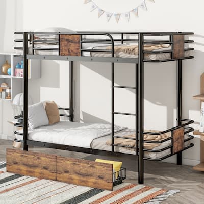 Metal Bunk Bed with MDF Board Guardrail and Two Storage Drawers