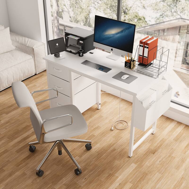 Anmytek 3 Drawer Home Office Desk with Built In Power Outlets Modern Writing Desk for Small Spaces Study Desk Computer Desk