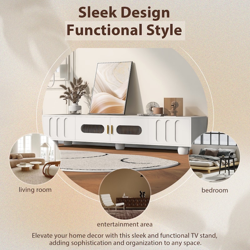 70.9" Modern TV Stand for 80" TV, Glass-Door Media Console with 2 Drawers, 2 Cabinets, Solid Wood Legs & Metal Handles