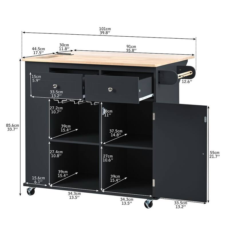 47" Modern Kitchen Cart with Electrical Outlet, Rubberwood Kitchen Island with Drop Leaf and Adjustable Storage Cabinet