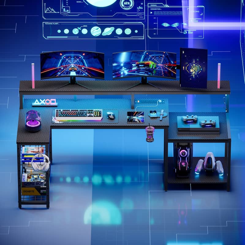 Bestier 71.5“” Computer Desk with Power Outlets, L Shaped LED Home Office Desk with Long Monitor Stand and Cup Holder & Hooks